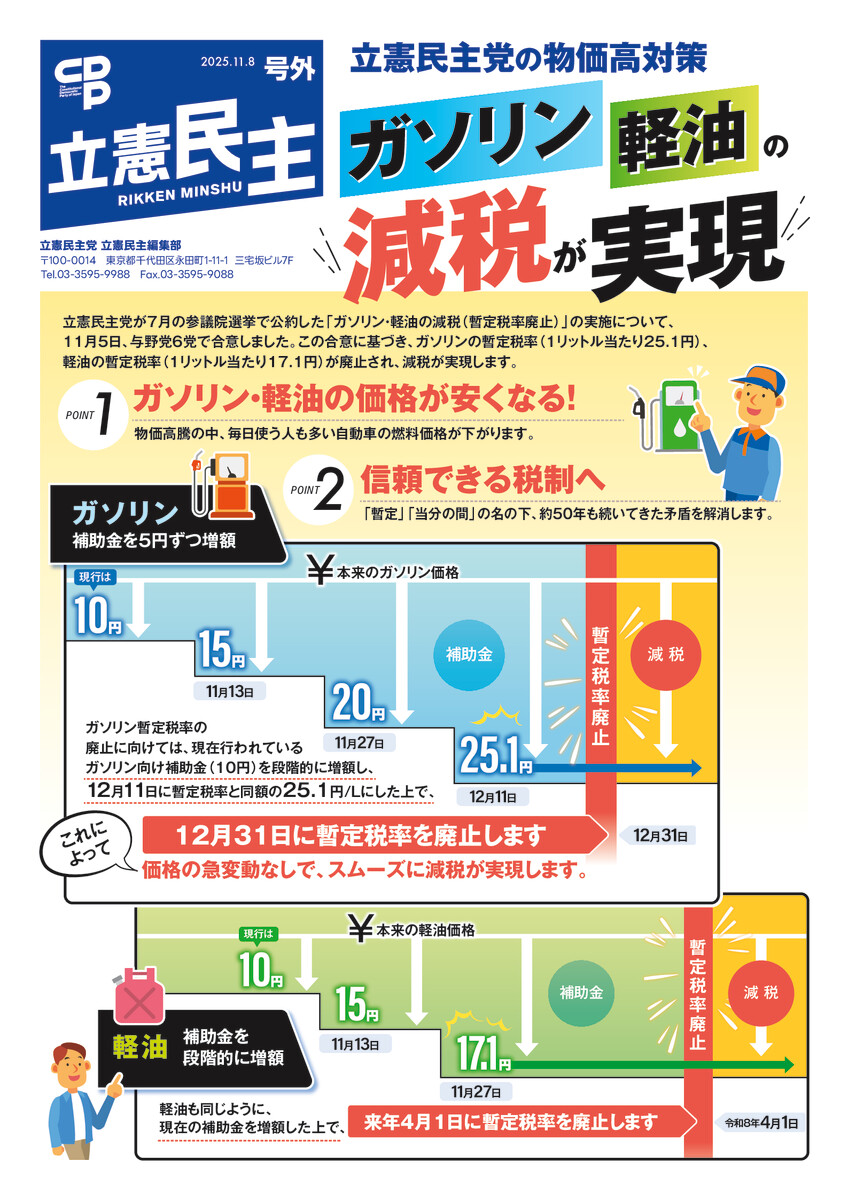 ガソリン・軽油の減税が実現！[立憲民主号外]